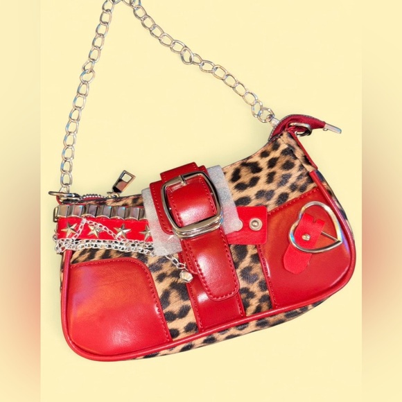 Handbags - Y2K Leopard Print Shoulder Bag Red Studded Chain Punk Grunge Purse - NEW